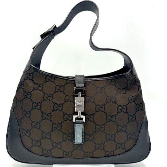 Auth Gucci Supreme Dark Brown Nylon Leather Trim Jackie Shoulder Bag Preloved Ex - Picture 4 of 16